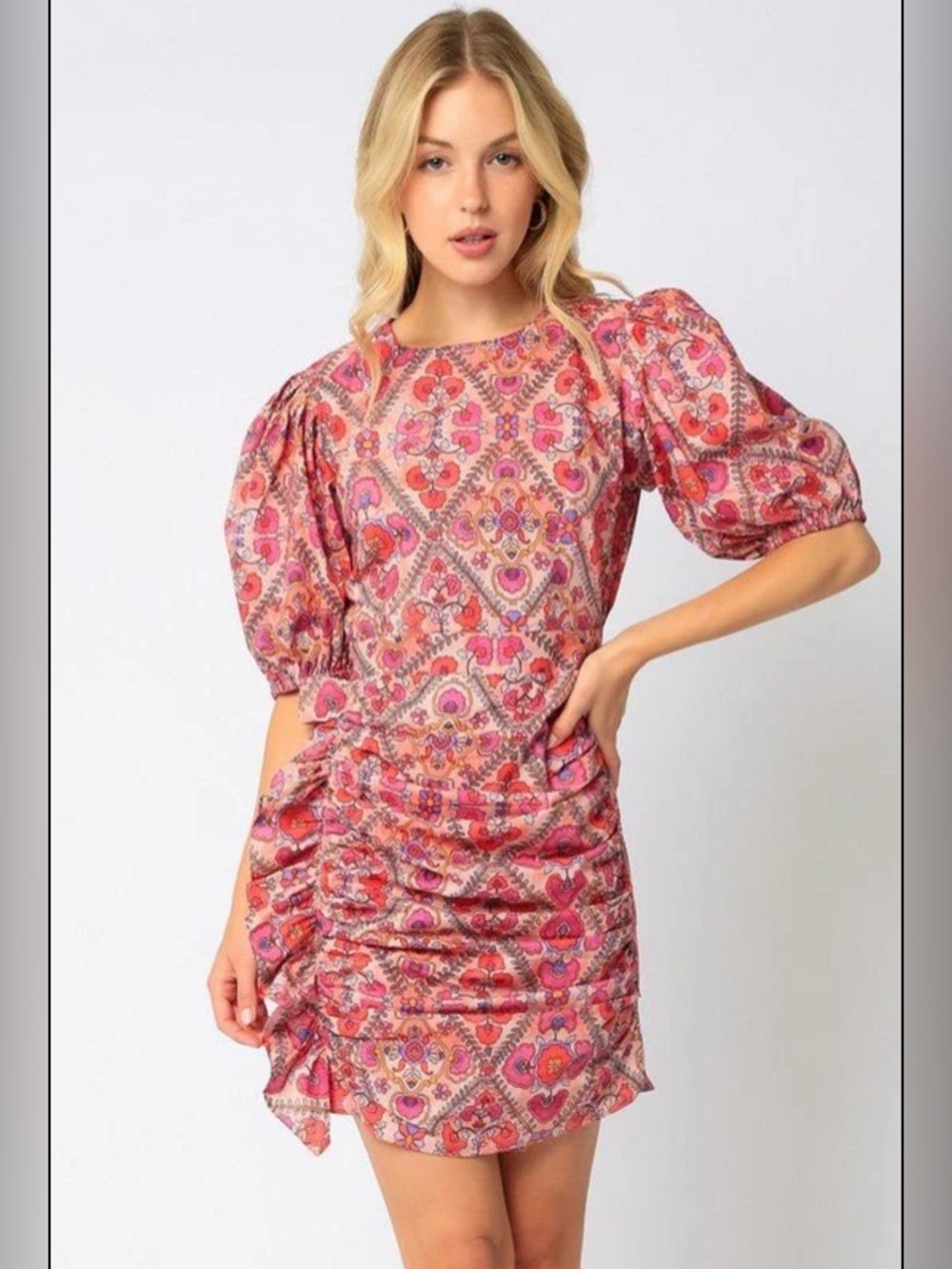 Olivaceous Laisha Chic Modern Floral Pinks Puff Sleeve Mini Dress Flirty Spring